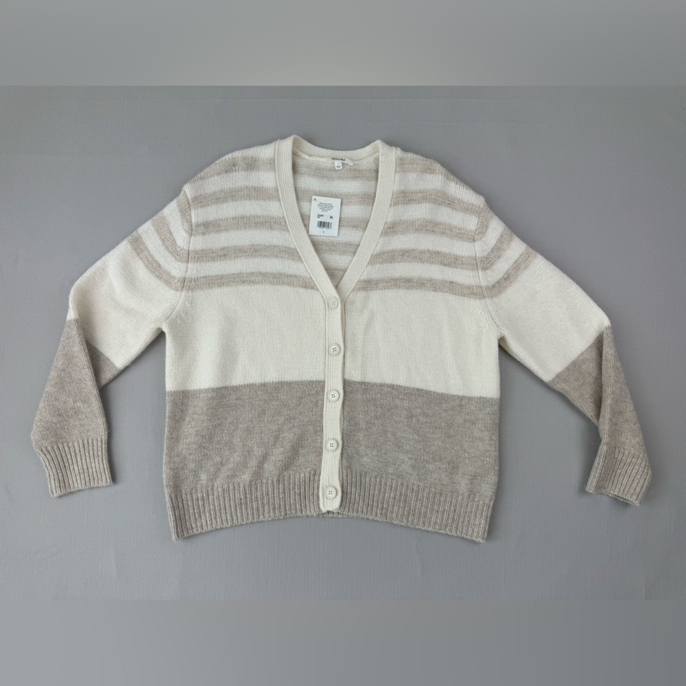 Splendid Womens GENEVRA Ivory Striped Ribbed Trim Button-Up Cardigan L
